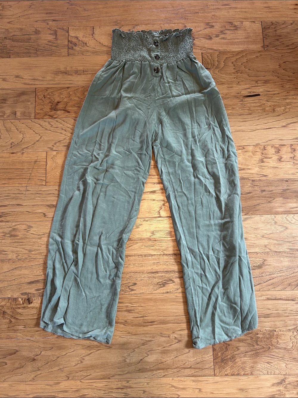 Vici Olive Green Smocked High-Waist Wide-Leg Pants